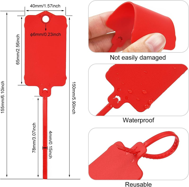LeadSeals 100pcs Blank Plastic Tags for Labeling Reusable Hanging Tags Ties Key Tag Storage Labels Waterproof Plastic Mark Label Writable Hang Sign with One Marker Pen (Red) - Image 3